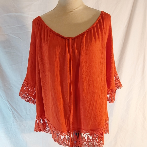 Cato Women Plus Crocheted Trim Top. Orange on or off shoulder Top - Picture 1 of 9
